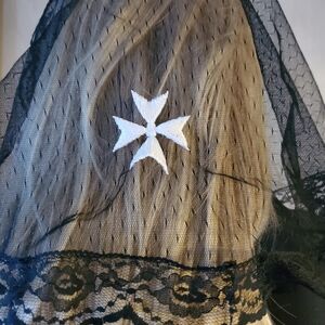 Maltese Cross Embroidered on Black Mantilla Chapel Veil D Shape Catholic Worship